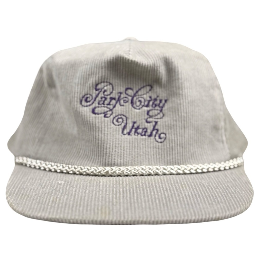 Vintage Park City Utah Corduroy Strapback Hat Script Ski Resort Cap Beige